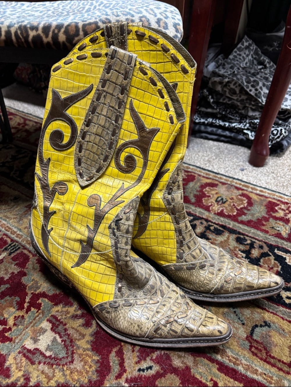 Donald J. Pliner Yellow Embossed Croc Western Heeled Boots - 8